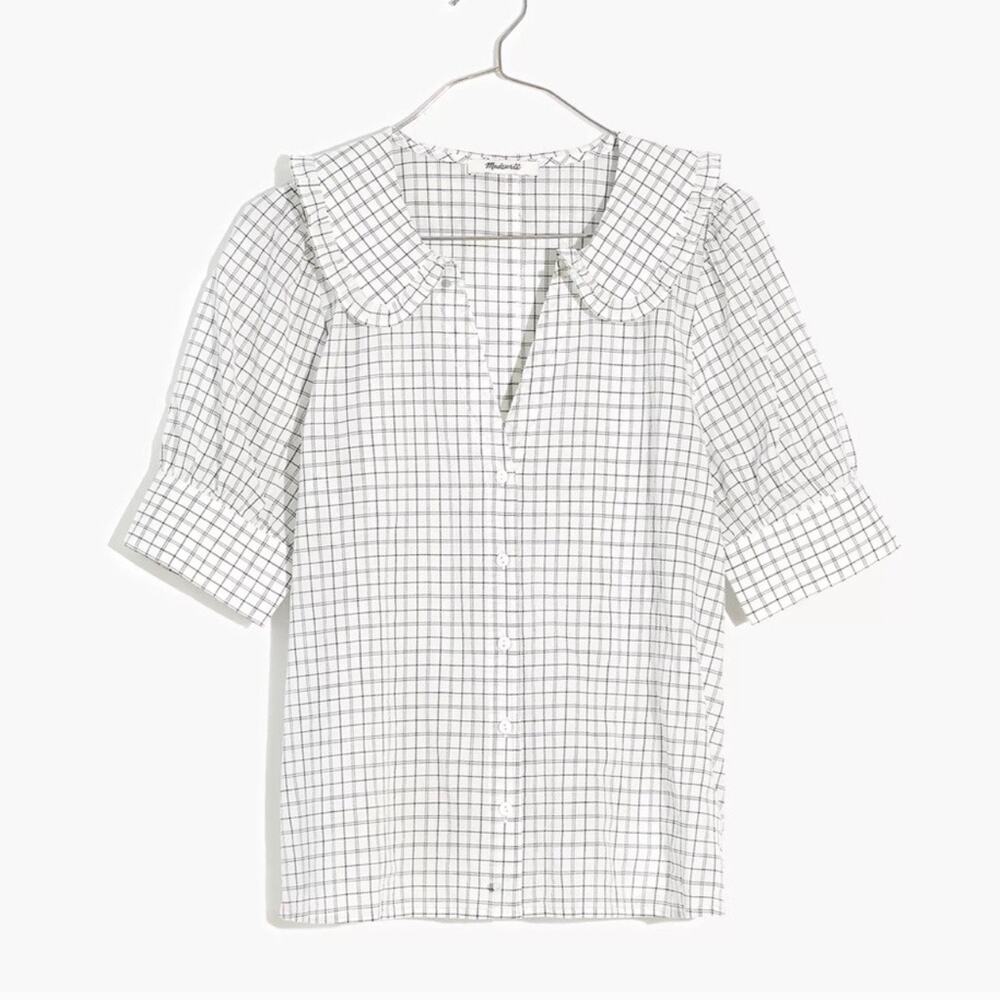 Madewell Shirt Womens Sz 14 Windowpane Check Peter Pan Collar Shirt White